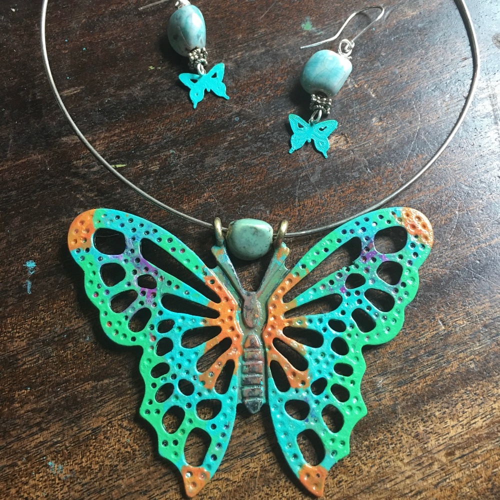 Hand Painted Butterfly on Torque Collar & Earrings